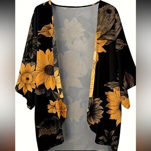 Casual Cardigan, Sunflower Print Three Quarter Sleeve Open Front Shawl‎ Shrug.